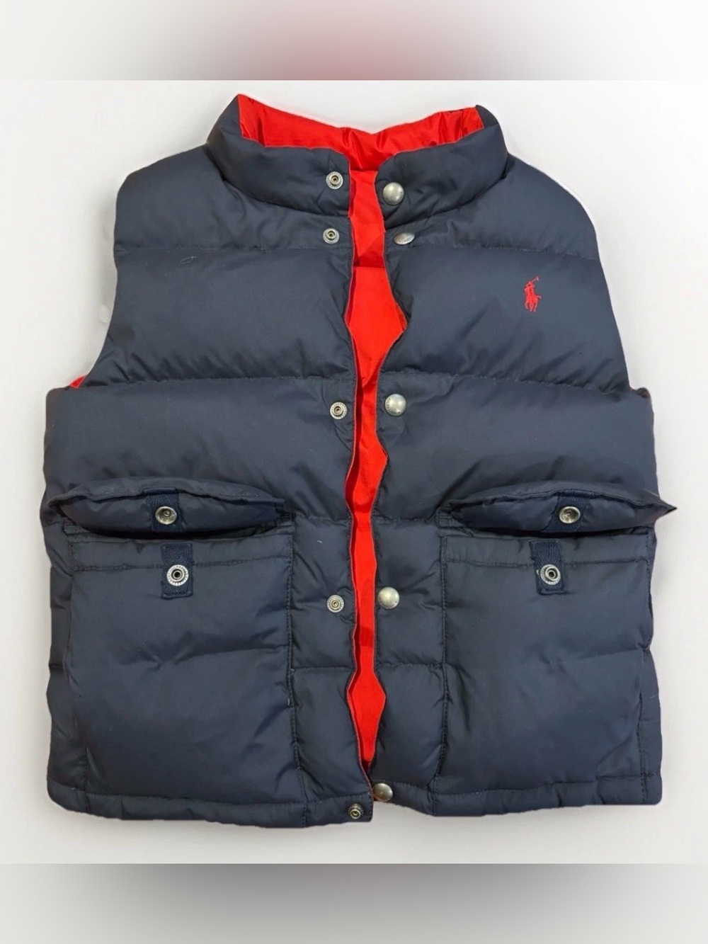 Kids Polo Ralph Lauren Reversible Down Filled Puffer Vest Size 7 Red Navy Blue